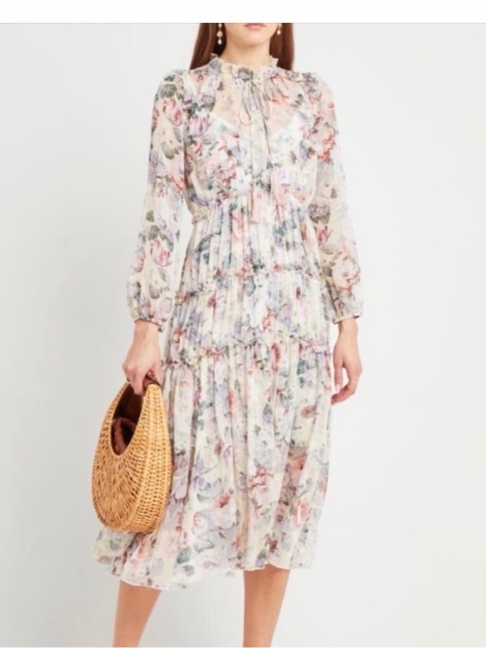 Anthropologie O.P.T. Sheer Floral Tiered Midi Dress in Pastel Bloom Boho Prairie